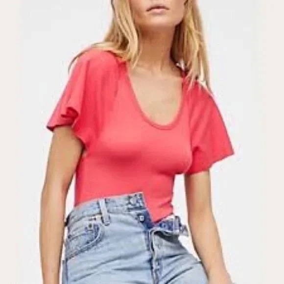 Free People | Byron Flutter Sleeve Bodysuit Raspberry Heart Small Boho Beach - Picture 4 of 5